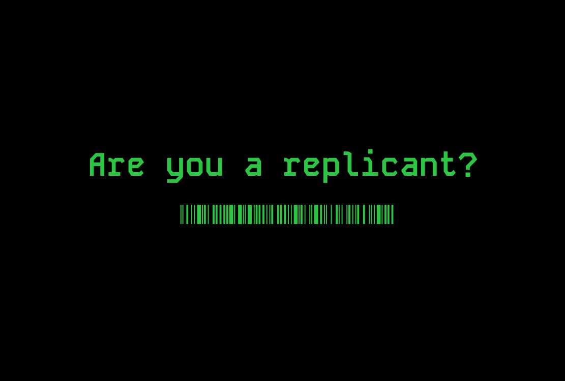 text 'are you a replicant?' and a codebar